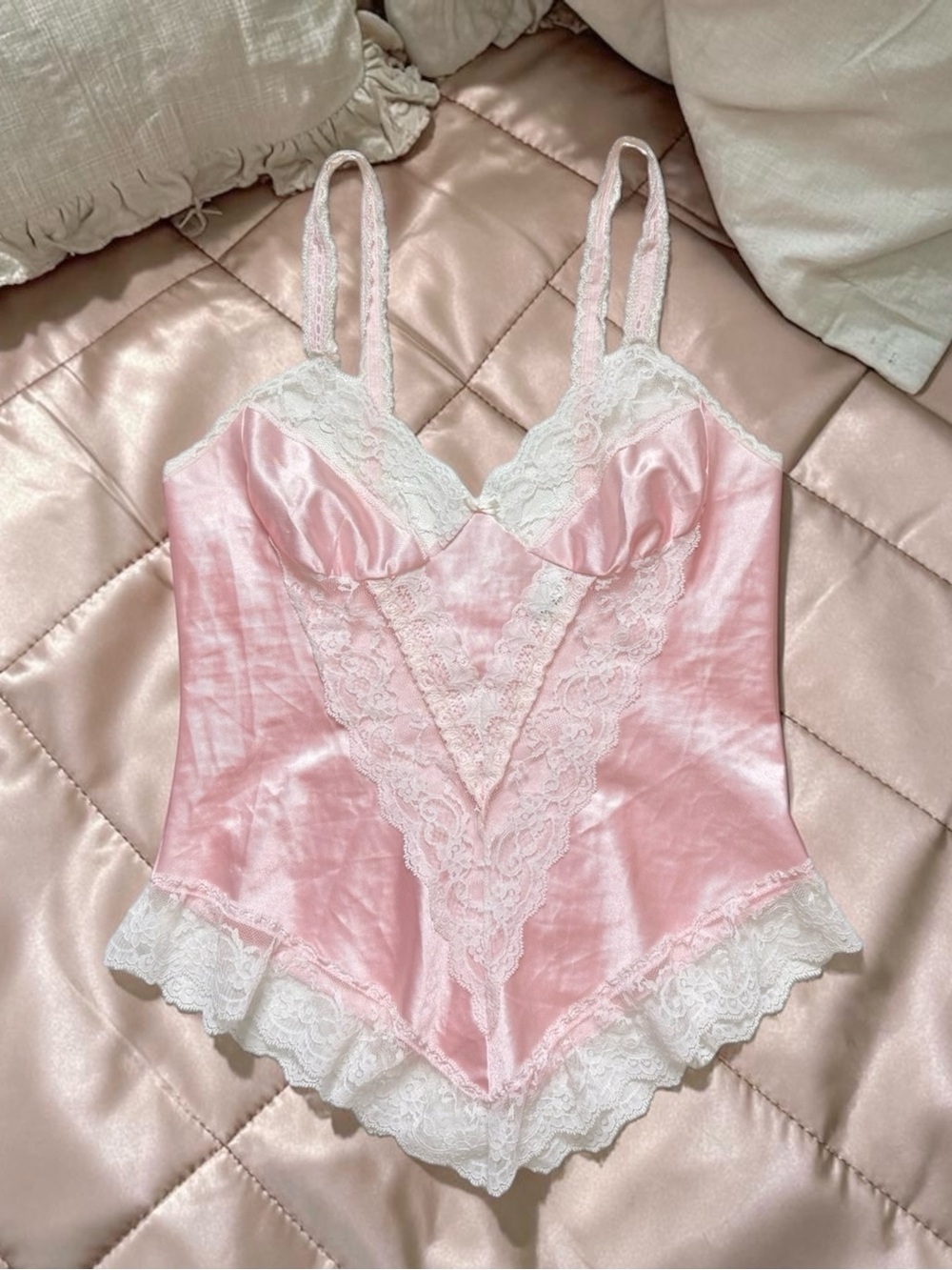 90s Delicates Vintage Cami Camisole Lingerie Top Pink White Lace S Small